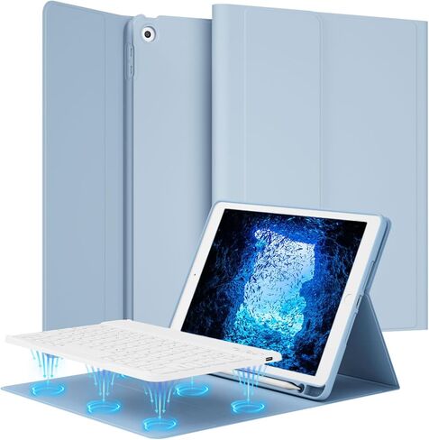 حافظة لوحة مفاتيح لجهاز iPad الجيل التاسع/الثامن/السابع مقاس 10.2 بوصة 2021/2020/2019 مع حامل أقلام، حافظة لوحة مفاتيح لاسلكية قابلة للفصل، غطاء تابلت نحيف مع ظهر ناعم من مادة TPU، أزرق سماوي in Kuwait