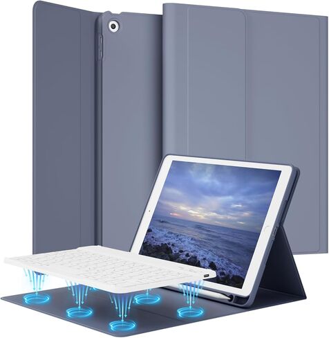 حافظة لوحة مفاتيح لجهاز iPad الجيل التاسع/الثامن/السابع مقاس 10.2 بوصة 2021/2020/2019 مع حامل أقلام، حافظة لوحة مفاتيح لاسلكية قابلة للفصل، غطاء تابلت نحيف مع ظهر ناعم من مادة TPU، أزرق سماوي in Kuwait