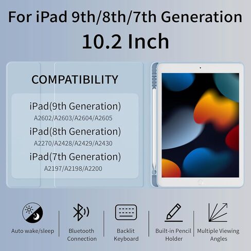 حافظة لوحة مفاتيح لجهاز iPad الجيل التاسع/الثامن/السابع مقاس 10.2 بوصة 2021/2020/2019 مع حامل أقلام، حافظة لوحة مفاتيح لاسلكية قابلة للفصل، غطاء تابلت نحيف مع ظهر ناعم من مادة TPU، أزرق سماوي in Kuwait