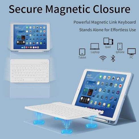 حافظة لوحة مفاتيح لجهاز iPad الجيل التاسع/الثامن/السابع مقاس 10.2 بوصة 2021/2020/2019 مع حامل أقلام، حافظة لوحة مفاتيح لاسلكية قابلة للفصل، غطاء تابلت نحيف مع ظهر ناعم من مادة TPU، أزرق سماوي in Kuwait