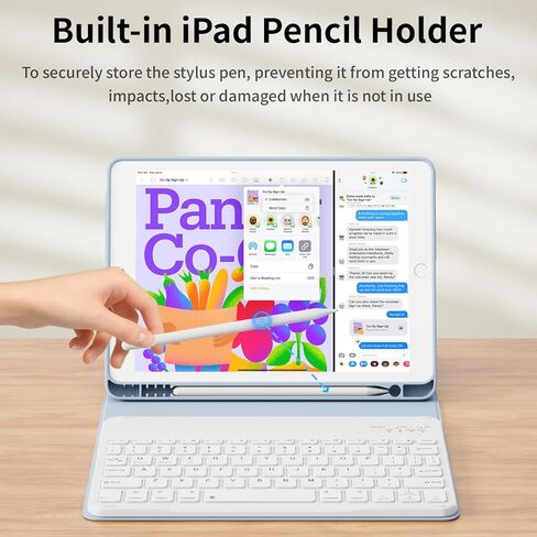 حافظة لوحة مفاتيح لجهاز iPad الجيل التاسع/الثامن/السابع مقاس 10.2 بوصة 2021/2020/2019 مع حامل أقلام، حافظة لوحة مفاتيح لاسلكية قابلة للفصل، غطاء تابلت نحيف مع ظهر ناعم من مادة TPU، أزرق سماوي in Kuwait