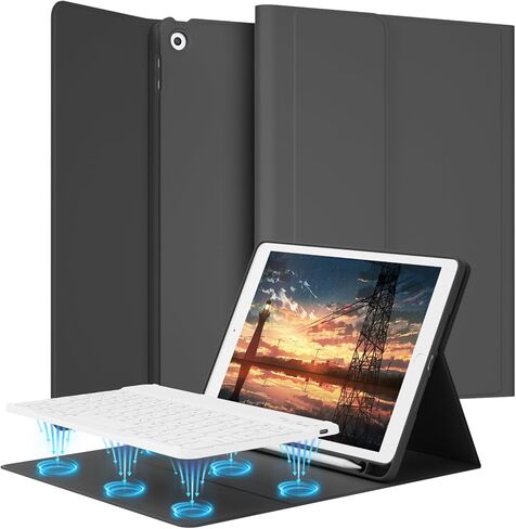 حافظة لوحة مفاتيح لجهاز iPad الجيل التاسع/الثامن/السابع مقاس 10.2 بوصة 2021/2020/2019 مع حامل أقلام، حافظة لوحة مفاتيح لاسلكية قابلة للفصل، غطاء تابلت نحيف مع ظهر ناعم من مادة TPU، أزرق سماوي in Kuwait