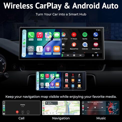 شاشة CarPlay لاسلكية مع Net-Flix YouTube، شاشة 1080P HD قابلة للمس مقاس 10.26 بوصة وكاميرا احتياطية AHD، متوافقة مع Apple CarPlay وAndroid Auto، Bluetooth، TF، FM، Siri in Kuwait