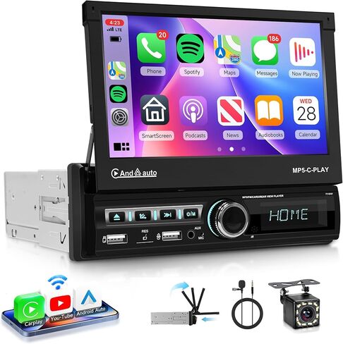Rimoody Car Stereo Single Din Wireless Carplay Android auto, Electric Flip Out Car Radio with Bluetooth, 7 Inch Touchscreen, EQ, FM, Mirror Link, TF-Card, USB-2 + Rear View Camera in Saudi Arabia