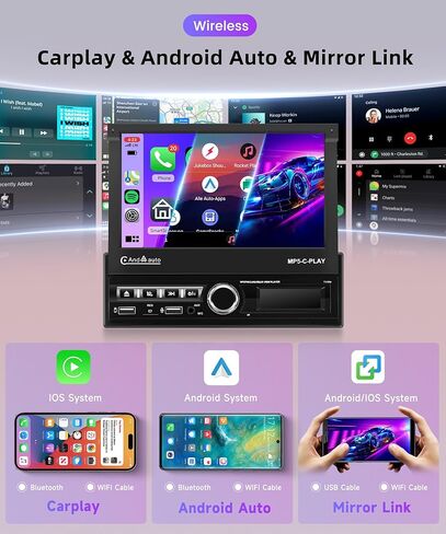 Rimoody Car Stereo Single Din Wireless Carplay Android auto, Electric Flip Out Car Radio with Bluetooth, 7 Inch Touchscreen, EQ, FM, Mirror Link, TF-Card, USB-2 + Rear View Camera in Saudi Arabia