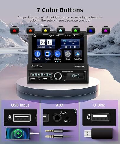 Rimoody Car Stereo Single Din Wireless Carplay Android auto, Electric Flip Out Car Radio with Bluetooth, 7 Inch Touchscreen, EQ, FM, Mirror Link, TF-Card, USB-2 + Rear View Camera in Saudi Arabia