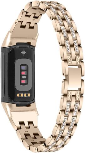 أساور أنيقة وجذابة متوافقة مع Fitbit Charge 6/Charge 5 لتتبع اللياقة البدنية والصحة، سوار أنيق من حجر الراين مصنوع من الفولاذ المقاوم للصدأ وحزام معصم بديل وحزام مجوهرات للسيدات (ذهبي عتيق) in Kuwait