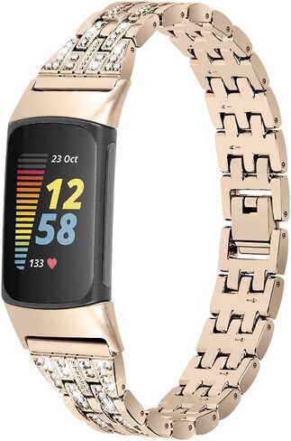 أساور أنيقة وجذابة متوافقة مع Fitbit Charge 6/Charge 5 لتتبع اللياقة البدنية والصحة، سوار أنيق من حجر الراين مصنوع من الفولاذ المقاوم للصدأ وحزام معصم بديل وحزام مجوهرات للسيدات (ذهبي عتيق) in Kuwait