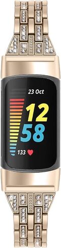 أساور أنيقة وجذابة متوافقة مع Fitbit Charge 6/Charge 5 لتتبع اللياقة البدنية والصحة، سوار أنيق من حجر الراين مصنوع من الفولاذ المقاوم للصدأ وحزام معصم بديل وحزام مجوهرات للسيدات (ذهبي عتيق) in Kuwait