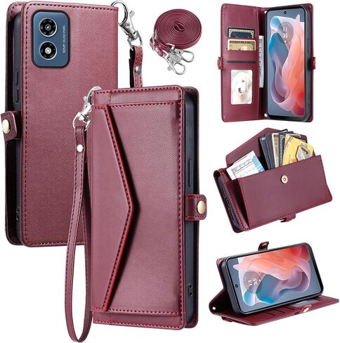Wallet Case for Motorola Moto G Play 4G 2024 with Wrist Strap Shoulder Strap Card Holder Shockproof Soft Leather Magnetic Snap Pocket Stand Cell Phone Cover XT2413V XT2413-1 64GB Women Black in Saudi Arabia