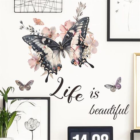 Personalized Black Butterfly Wall Stickers, sacinora DIY Butterflies Art Wall Decals Life is Beautiful Removable Vinyl Peel and Stick for Living Room Bedroom Nursery Home Decorations in Saudi Arabia