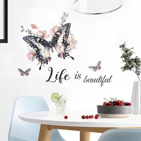 Personalized Black Butterfly Wall Stickers, sacinora DIY Butterflies Art Wall Decals Life is Beautiful Removable Vinyl Peel and Stick for Living Room Bedroom Nursery Home Decorations in Saudi Arabia