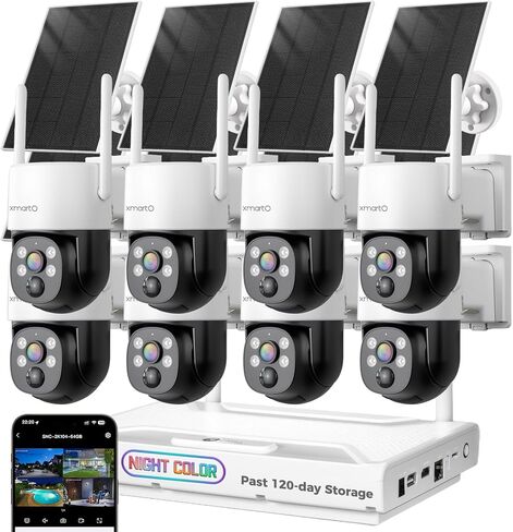 [Night Color] XMARTO 10CH 8Pcs 2K HD Wireless Solar Security Camera System with Starlight Color Night Vision, PTZ Control, Long Range WiFi6, HDMI View on Monitor, 0 Monthly Fee, 64GB Micro SD in Saudi Arabia