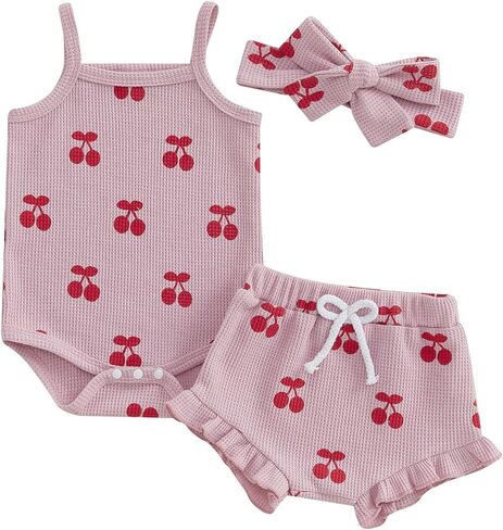 Baby Girl Summer Clothes Cherry Print Sleeveless Romper Shorts Headband Newborn 3Pcs Outfit Set in Saudi Arabia
