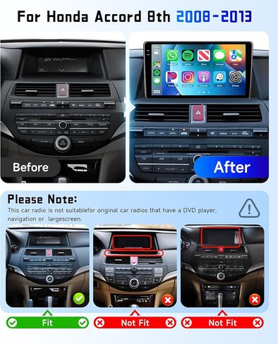 ستيريو راديو السيارة 4G+128G لسيارة Honda Accord 2008-2013، شاشة لمس 10 بوصة عالية الدقة داخل الخلية/Android 15/CarPlay اللاسلكي/Android Auto/GPS/WiFi/5.0 بلوتوث/FM/RDS/SWC/AHD كاميرا احتياطية in Kuwait