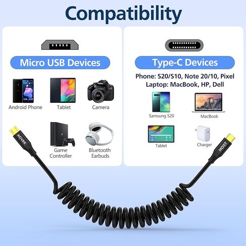AGVEE 3ft Coiled USB-C to Micro USB Charger Cable [USB-IF Certified] 2A Fast Charging Data Sync Cord for Xbox One PS4 Controller, Kindle, Old Android Phone, Black in Saudi Arabia