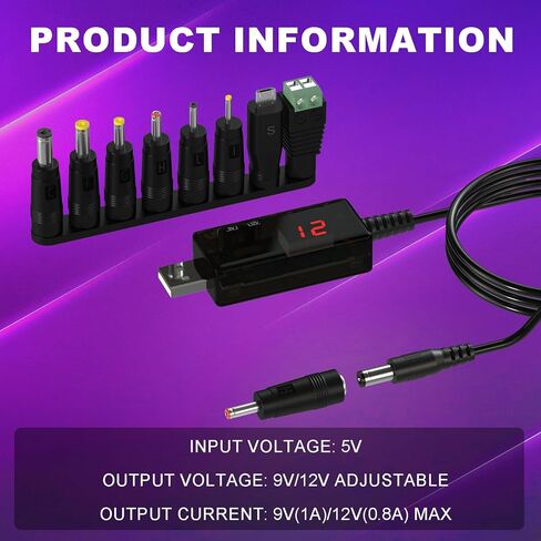 DROK LED Display USB to 12V Adapter - DC Voltage Regulator Adjustable 5V to 9V/12V Boost Converter, Step Up Converter with 8 DC Plug and USB Adapter in Saudi Arabia