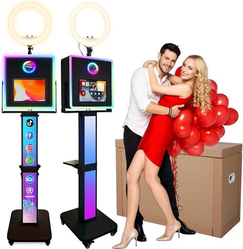 كشك صور RDYMONKEY لجميع أجهزة iPad والكاميرا ذات الاستخدام المزدوج بشعار مخصص لمحطة سيلفي وحامل شل وتحكم في التطبيق RGB Ring Light ومزامنة الموسيقى وصندوق إضاءة كشك الصور مع حقيبة طيران للتأجير in Kuwait