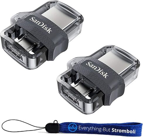 SanDisk Ultra (عبوتان) محرك أقراص مزدوج m3.0 لأجهزة Android وأجهزة الكمبيوتر حزمة محرك أقراص فلاش مع كل شيء ما عدا حبل سترومبولي (64 جيجابايت 2 حزمة) in Kuwait