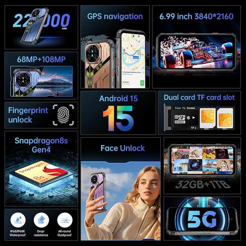 MMY 32+1TB Rugged Armor Unlocked Cell Phone,Smartphone 6.99" HD 68+108MP Night Vision Photography 22000mAh AI Unlocked Phone,Face ID/Fingerprint Unlock/Underwater-Night-Photo/Dual SIM/5G/NFC(Green-B) in Saudi Arabia