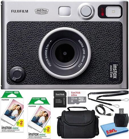 Fujifilm Instax Mini EVO Hybrid Instant Film Camera (Black) (16745183) Bundle with 40 Instant Film Sheets + 32GB Memory Card + Small Padded Case + SD Card Reader + Microfiber Cleaning Cloth (Renewed) in Saudi Arabia