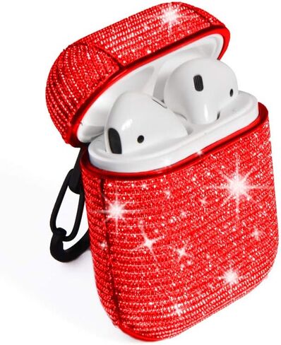 غطاء حافظة جلدي واقي لسماعات AirPods من Bling Glitter لمجموعة ملحقات AirPods للنساء والأطفال لعلبة شحن AirPods 1st/2nd، أحمر in Saudi Arabia