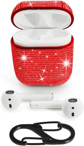 غطاء حافظة جلدي واقي لسماعات AirPods من Bling Glitter لمجموعة ملحقات AirPods للنساء والأطفال لعلبة شحن AirPods 1st/2nd، أحمر in Saudi Arabia