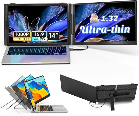 14" Laptop Screen Extender Ultra-Thin, Lightweight Portable Dual Laptop Monitor Extender with Speaker, FHD 1080P Travel Display, Plug & Play, HDMI/USB-A/Type-C for Laptops, Works with Win/Mac/Android in Saudi Arabia