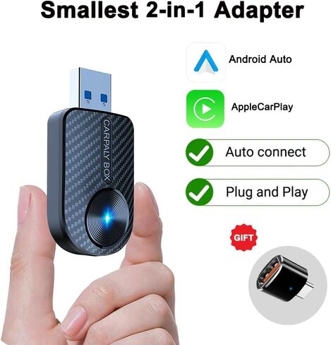 Carbon Fiber Wireless CarPlay Adapter, 2-in-1 CarPlay & Android Auto Dongle, Plug-and-Play Mini Adapter, with USB-C Converter, for Factory Wired CarPlay Vehicles in Saudi Arabia