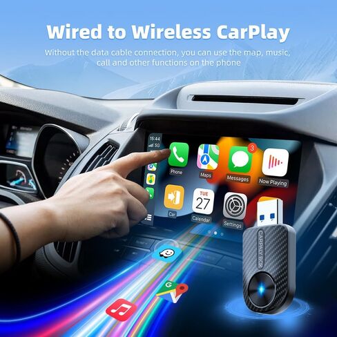 Carbon Fiber Wireless CarPlay Adapter, 2-in-1 CarPlay & Android Auto Dongle, Plug-and-Play Mini Adapter, with USB-C Converter, for Factory Wired CarPlay Vehicles in Saudi Arabia