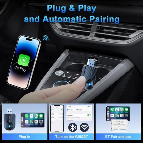 Carbon Fiber Wireless CarPlay Adapter, 2-in-1 CarPlay & Android Auto Dongle, Plug-and-Play Mini Adapter, with USB-C Converter, for Factory Wired CarPlay Vehicles in Saudi Arabia