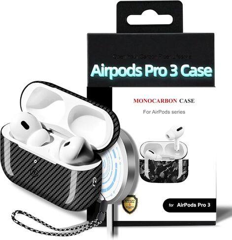 حافظة من ألياف الكربون الحقيقية لجهاز AirPods Pro 3، غطاء صلب واقٍ نحيف مزود بحبل، متوافق مع MagSafe، مقاوم للخدش والسقوط، أسود غير لامع in Kuwait