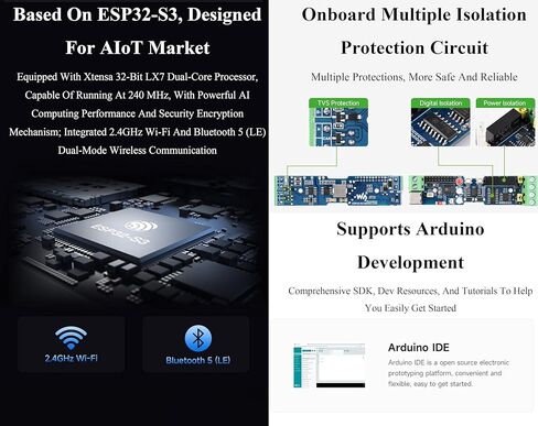 لوحة تحكم ESP32-S3 صناعية مع واجهات اتصال RS485 وCAN، تدعم اتصال Wi-Fi/Bluetooth / RS485 / CAN، ودوائر حماية متعددة مدمجة، لسوق AIoT in Saudi Arabia