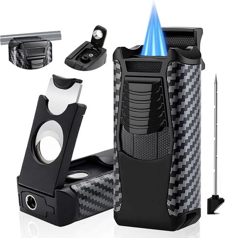 All in One Butane Torch Lighter, Triple Jet Flame Windproof Lighter Built-in Cutter, Punch, Holder, Draw Enhancer, Refillable Butane Lighter for Candles, Cool Lighters Gift for Men (No Gas) in Saudi Arabia