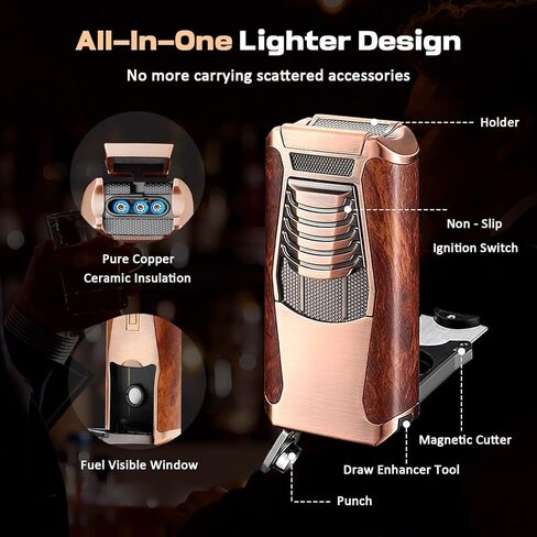 All in One Butane Torch Lighter, Triple Jet Flame Windproof Lighter Built-in Cutter, Punch, Holder, Draw Enhancer, Refillable Butane Lighter for Candles, Cool Lighters Gift for Men (No Gas) in Saudi Arabia