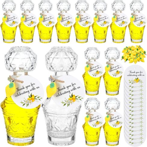 Chuangdi 16 Sets 57 PCS Limoncello Glass Bottor Favors تشمل 1.7 أوقية زجاجات Limoncello فارغة مع أغطية الليمون المصغرة العلامات لصالح هدايا حفل زفاف الزفاف محلية الصنع (أنيقة) in Saudi Arabia