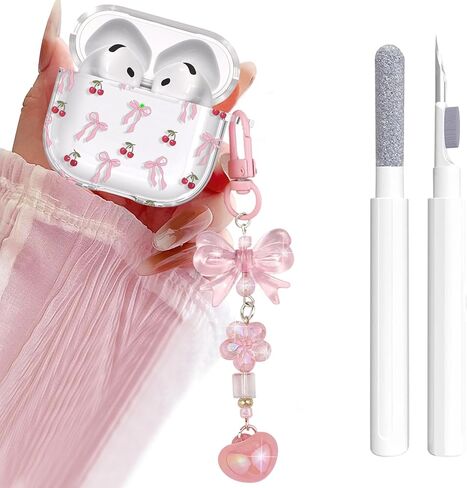 for Airpods 4 Case Clear,Cute Cherry Girly Bow Tie Kawaii Ribbon Pattern for Airpods 4th Generation Case Cover,Protective Soft TPU with Bowknot Flower Heart Keychain&Cleaning Pen Women Girls in Saudi Arabia