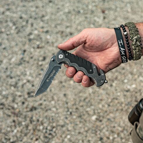 SMITH & WESSON Border Guard SWBG10S 8.3in High Carbon S.S. Folding Knife with 3.5in Serrated Tanto Blade and Aluminum Handle for Outdoor, Tactical, Survival and EDC, Black in Saudi Arabia