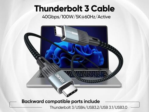 كابل Thunderbolt 3 بطول 3 أقدام، نقل بيانات 40 جيجابت في الثانية/ 100 واط PD/ 5K@60 هرتز، كابلات مضفرة ممتازة لسلك TB3 Dock MacBook Air MacBook Pro iMac Mac Mini/Pro Studio Display iPad Pro هاتف SSD خارجي in Saudi Arabia
