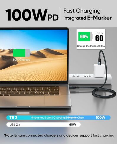 كابل Thunderbolt 3 بطول 3 أقدام، نقل بيانات 40 جيجابت في الثانية/ 100 واط PD/ 5K@60 هرتز، كابلات مضفرة ممتازة لسلك TB3 Dock MacBook Air MacBook Pro iMac Mac Mini/Pro Studio Display iPad Pro هاتف SSD خارجي in Saudi Arabia