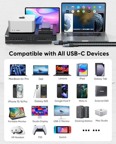 كابل Thunderbolt 3 بطول 3 أقدام، نقل بيانات 40 جيجابت في الثانية/ 100 واط PD/ 5K@60 هرتز، كابلات مضفرة ممتازة لسلك TB3 Dock MacBook Air MacBook Pro iMac Mac Mini/Pro Studio Display iPad Pro هاتف SSD خارجي in Saudi Arabia