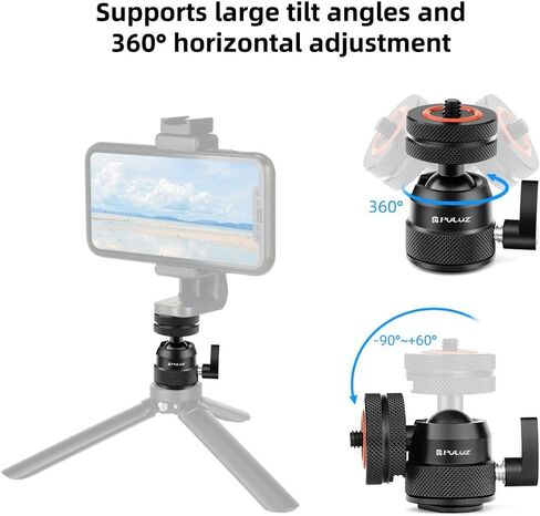PULUZ Mini Ball Head, Universal 1/4" Swivel Mini Ball Head Screw Tripod Mount, 360° Panoramic Rotating Mount Base Adapter for DSLR Cameras Camcorder Light Photograph Accessories in Saudi Arabia
