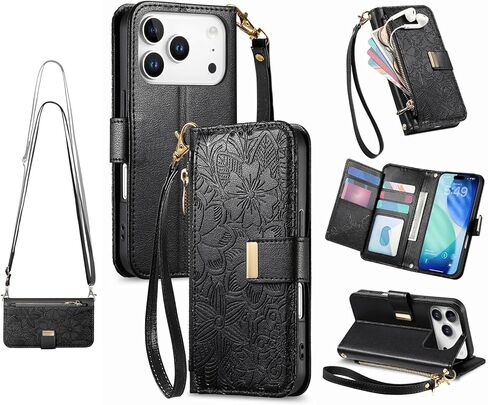 حافظة محفظة كروس لهاتف آيفون 17 برو، حزام معصم وحبل كتف قابل للتعديل من جلد البولي يوريثان، حزام معصم مغناطيسي قابل للطي، سحاب، مسند قلاب للنساء in Kuwait