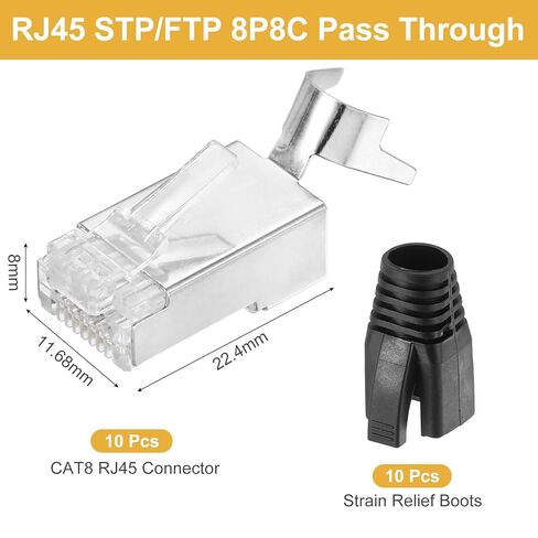 MECCANIXITY 10pcs CAT8 RJ45 Pass Through Connectors, RJ45 STP/FTP 8P8C Gold Plated Plugs with 10pcs Black Strain Relief Boots and Cable Traverse for 23AWG Ethernet Cable in Saudi Arabia