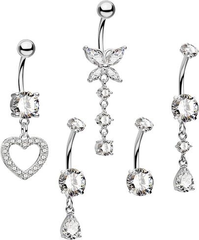 CM Crareesi Mania Belly Piercing Jewelry Pack 316L Stainless Steel Belly Rings 5PCS 14G Dangle Heart Belly Button Rings for Women in Saudi Arabia