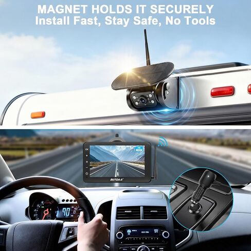 كاميرا احتياطية لاسلكية تعمل بالطاقة الشمسية لشاحنة RV - كاميرا وصلة مغناطيسية ببطارية 15000 مللي أمبير في الساعة وشاشة 7 بوصات نطاق 320 قدمًا - مقطورة العجلة الخامسة BUTOA-X (لوحة شمسية 5 وات IP69K مقاومة للماء) in Kuwait