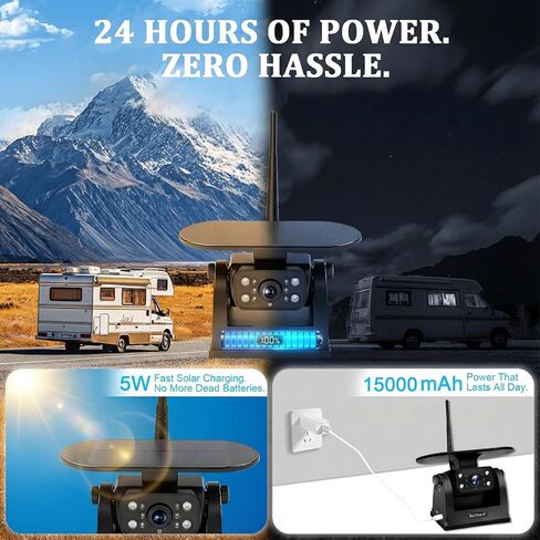كاميرا احتياطية لاسلكية تعمل بالطاقة الشمسية لشاحنة RV - كاميرا وصلة مغناطيسية ببطارية 15000 مللي أمبير في الساعة وشاشة 7 بوصات نطاق 320 قدمًا - مقطورة العجلة الخامسة BUTOA-X (لوحة شمسية 5 وات IP69K مقاومة للماء) in Kuwait