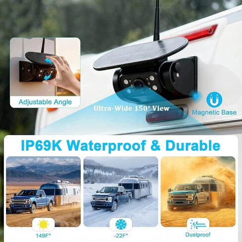 كاميرا احتياطية لاسلكية تعمل بالطاقة الشمسية لشاحنة RV - كاميرا وصلة مغناطيسية ببطارية 15000 مللي أمبير في الساعة وشاشة 7 بوصات نطاق 320 قدمًا - مقطورة العجلة الخامسة BUTOA-X (لوحة شمسية 5 وات IP69K مقاومة للماء) in Kuwait