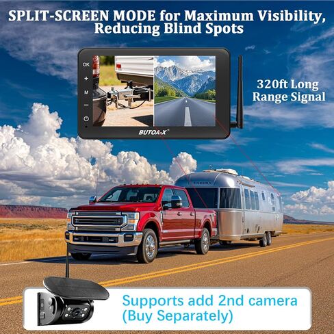 كاميرا احتياطية لاسلكية تعمل بالطاقة الشمسية لشاحنة RV - كاميرا وصلة مغناطيسية ببطارية 15000 مللي أمبير في الساعة وشاشة 7 بوصات نطاق 320 قدمًا - مقطورة العجلة الخامسة BUTOA-X (لوحة شمسية 5 وات IP69K مقاومة للماء) in Kuwait