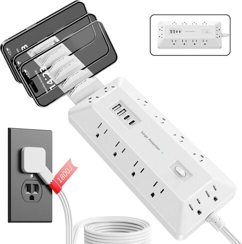 قطاع الطاقة الواقي من زيادة التيار، 12 منفذ تيار متردد، 2 USB-C 2 USB-A، سلك تمديد قابس مسطح بطول 6 أقدام، موسع منافذ توصيل متعدد مع حامل لوحة الهاتف لمحطة شحن مكتب المنضدة (أبيض) in Kuwait